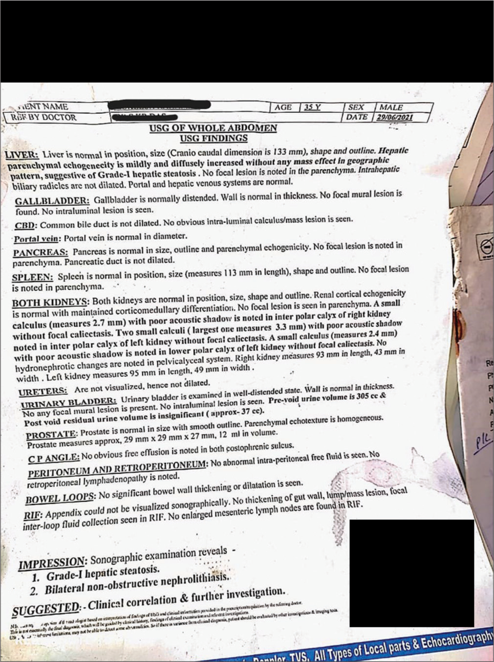 Ultrasonography report before treatment.