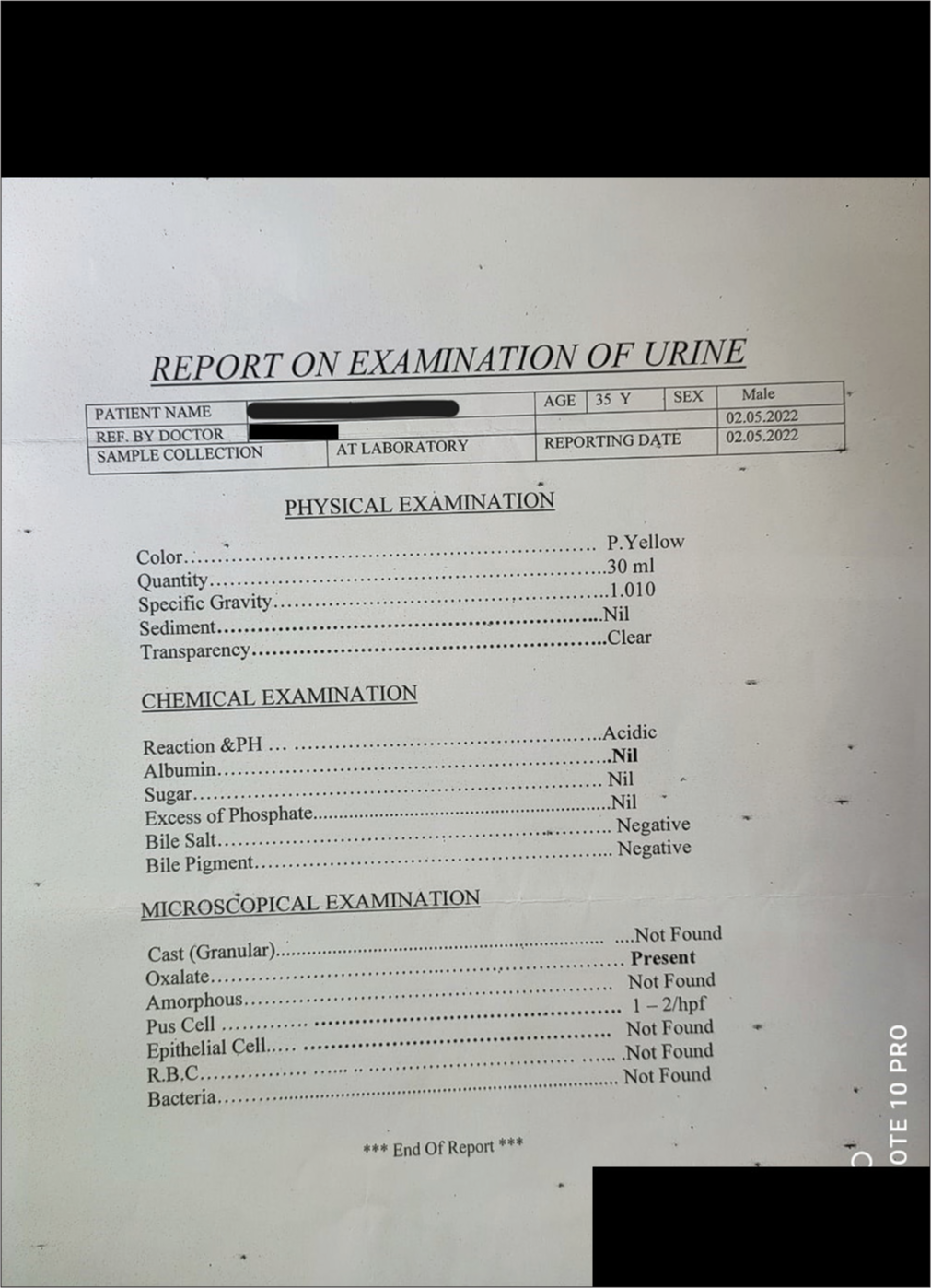 Urine report after treatment.