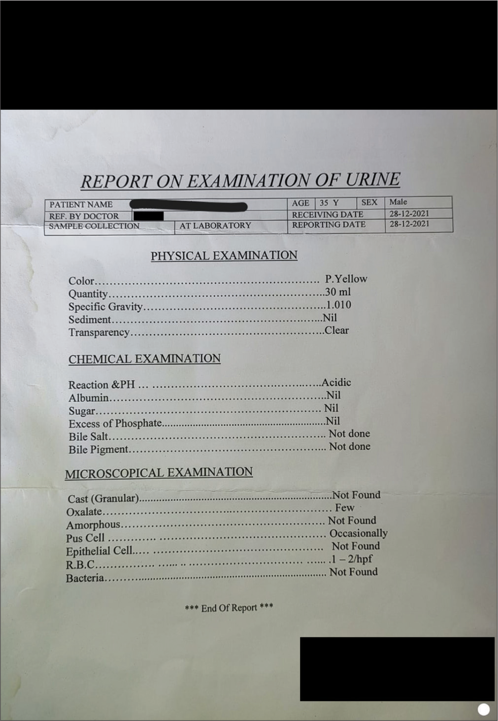 Urine report before treatment.