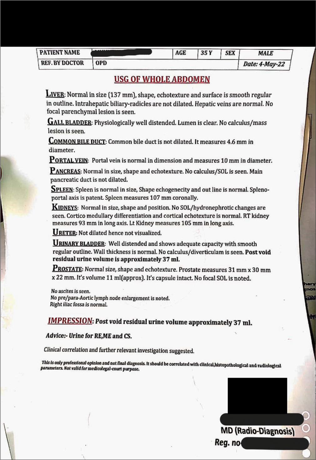 Ultrasonography report after treatment.